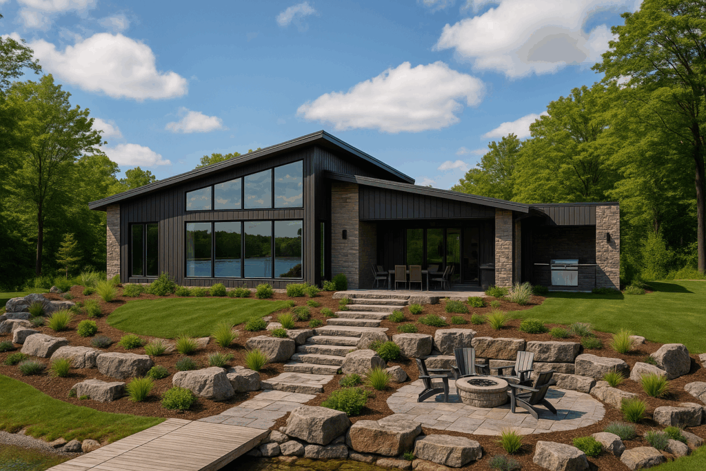 Modern lakefront cottage with single-slope roof, full-height windows, dark grey siding, outdoor kitchen, stone patio, fire pit, and dock—built by ConstructionX, custom home builders in Simcoe County.