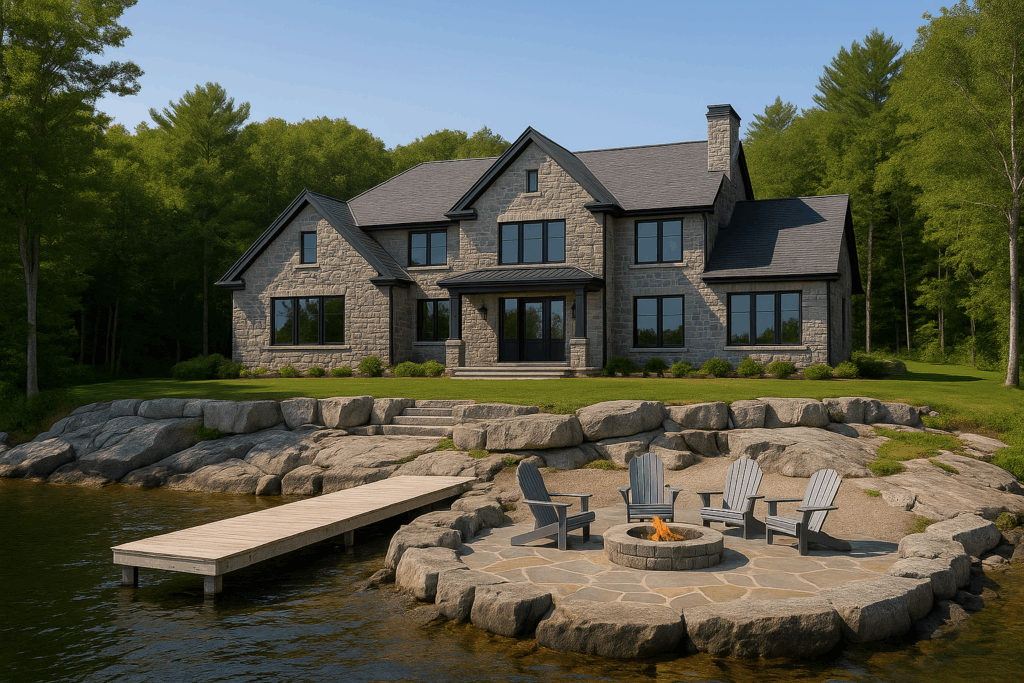 Hamptons-style estate by custom home builders in Muskoka with grey stone siding, black accents, dock, armour stone patio, and lakeside fire pit