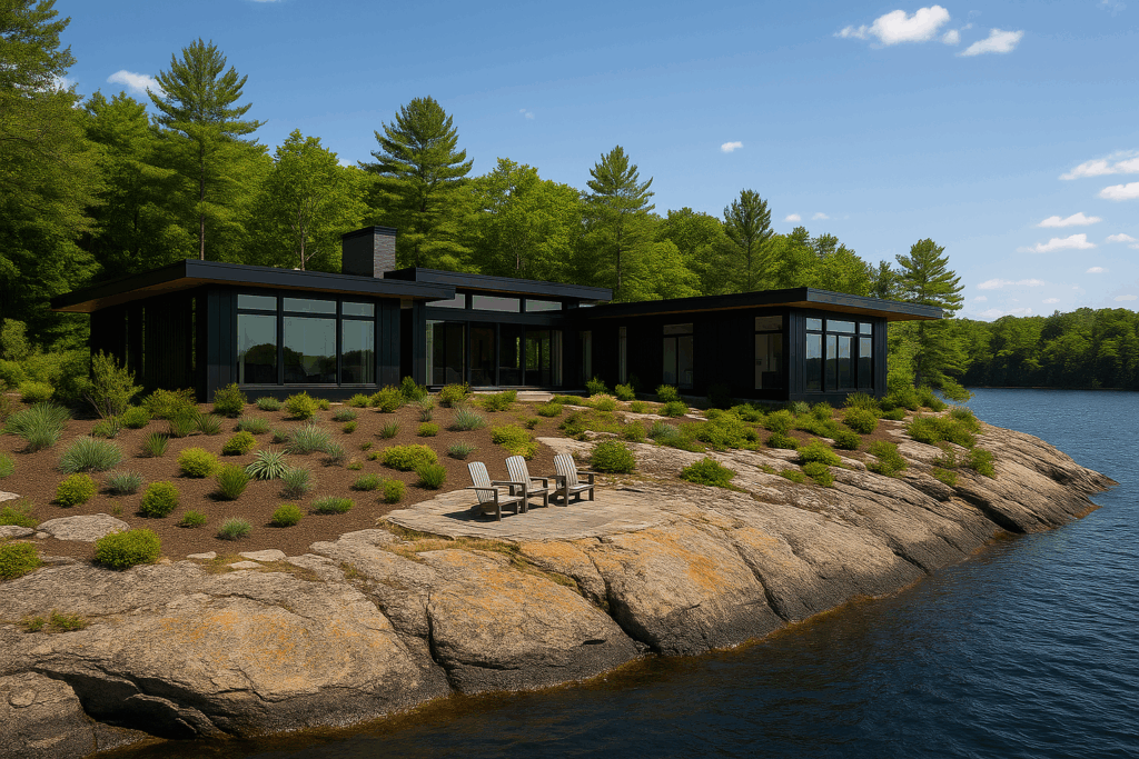 Modern California-style lakehouse by custom home builders in Muskoka with black exterior, flat roof, U-shaped design on bedrock, and lakeside cliff seating