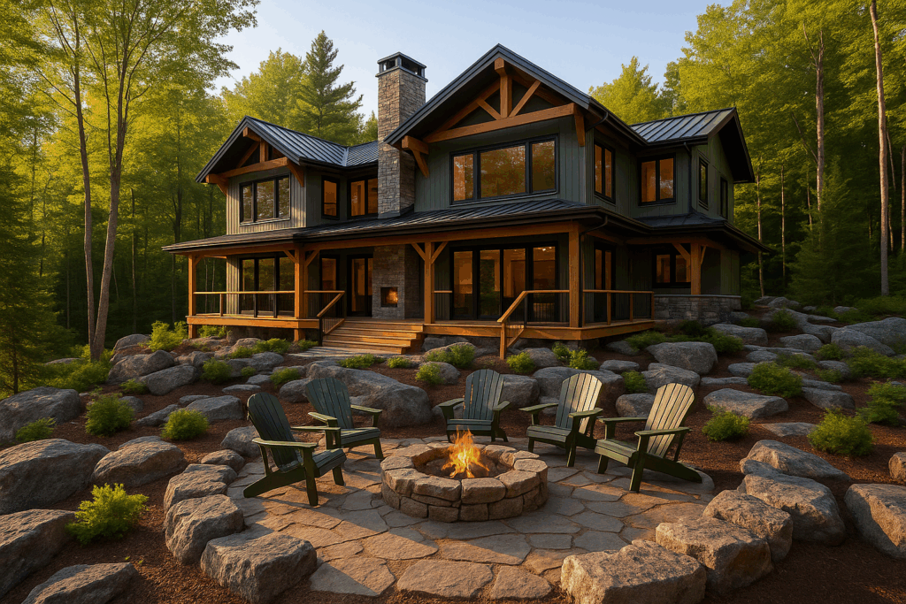 Modern Muskoka cabin with green siding, timber accents, black details, wraparound deck, and fire pit surrounded by armour stone and green Muskoka chairs