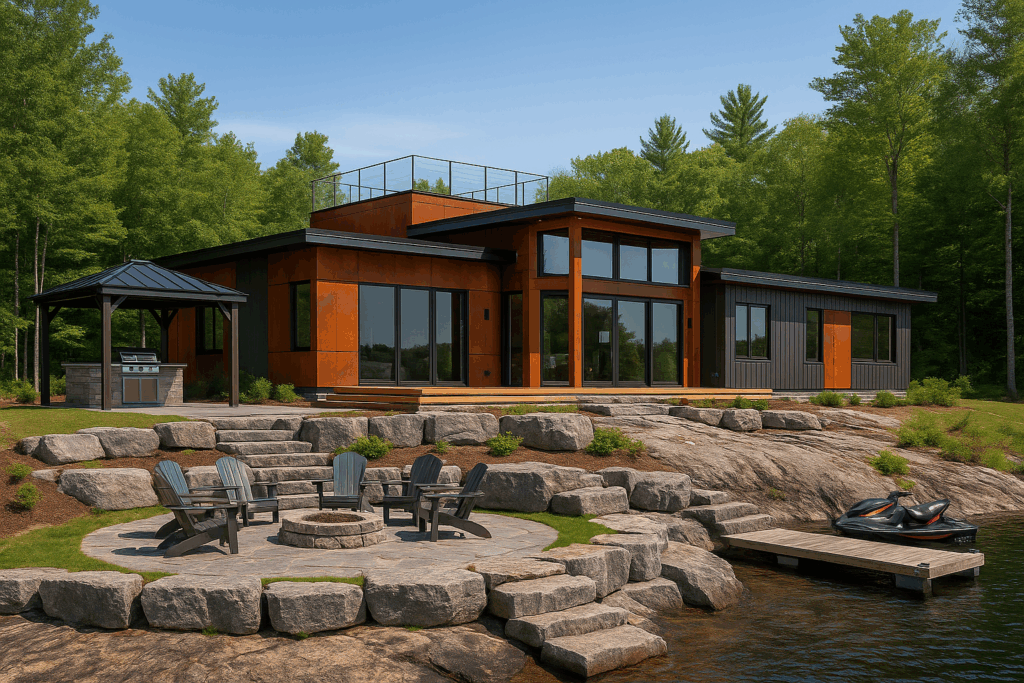 Modern Muskoka cottage with corten steel siding, black details, rooftop deck, fire pit, outdoor kitchen, and dock—built on bedrock by custom home builders