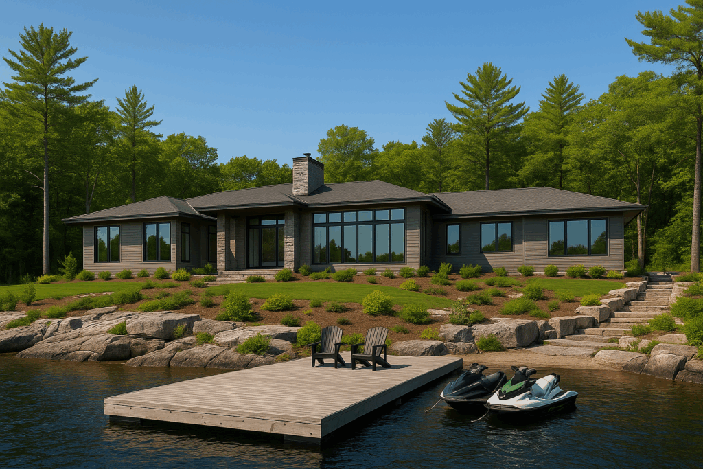 Modern Muskoka ranch-style home with grey exterior, large windows, black details, jet skis, dock, and Muskoka-style landscaping on a lakeside bedrock lot