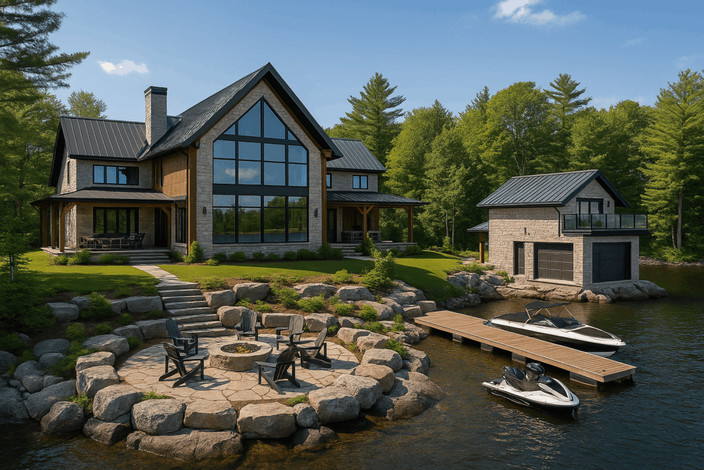 Luxury barndominium lakehouse by custom home builders in Muskoka with light stone siding, black trim, timber framing, boathouse, dock, and outdoor living
