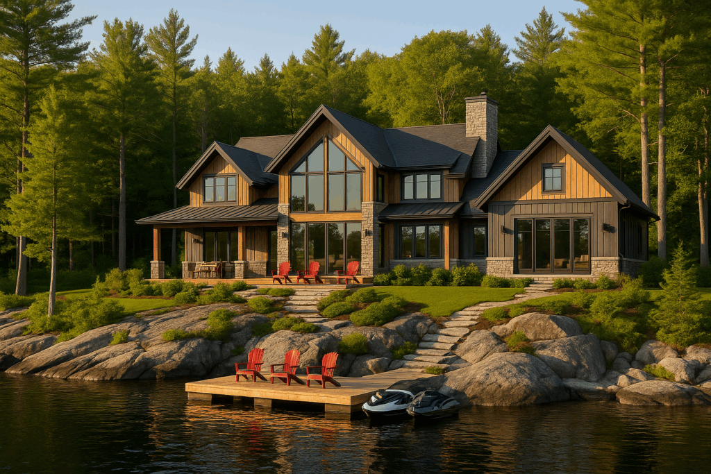 Muskoka exterior home design by custom home builders featuring timber accents, stone siding, large windows, dock, jet skis, and natural bedrock landscaping