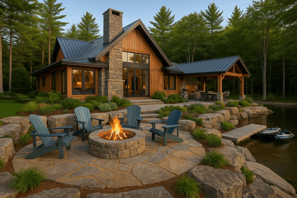 Muskoka landscape design by custom home builders with fire pit, flagstone patio, timber structure, native planting, and lakefront dock with jet skis