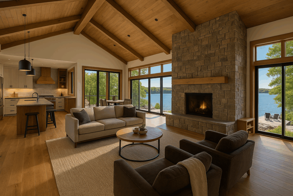 Custom home builders in Muskoka craft this landscape with fire pit, flagstone patio, timber cover, dock, jet skis, and natural stone built into the shoreline.