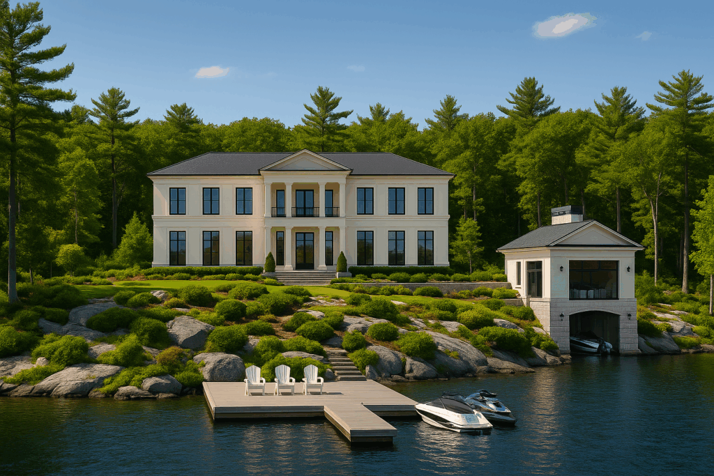 Luxury waterfront estate in Muskoka with elegant landscaping, off-white facade, symmetrical design, rooftop boathouse, and large dock with jet skis and boat