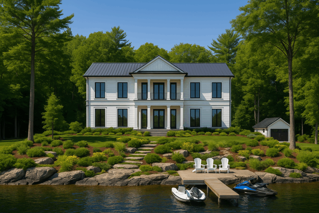Modern Colonial home by custom home builders in Muskoka with white exterior, black trim, symmetrical design, natural landscaping, and waterfront dock in Muskoka setting