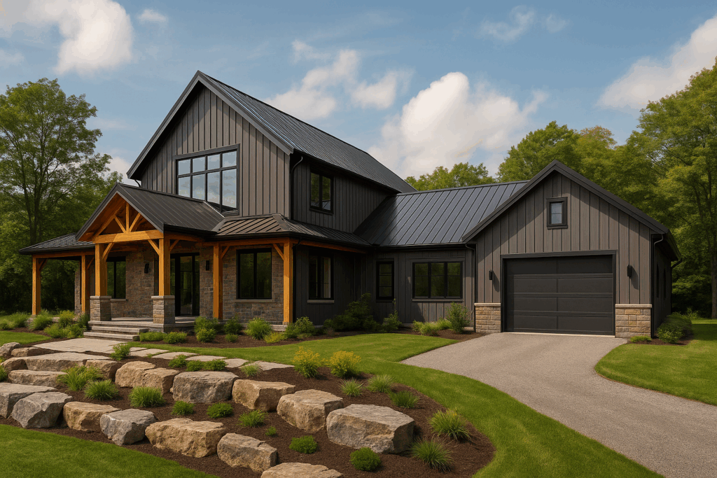 Modern barndominium-style home with steel roof, timber accents, black windows, rustic cladding, and landscaped rural setting—built by ConstructionX, custom home builders in Simcoe County.