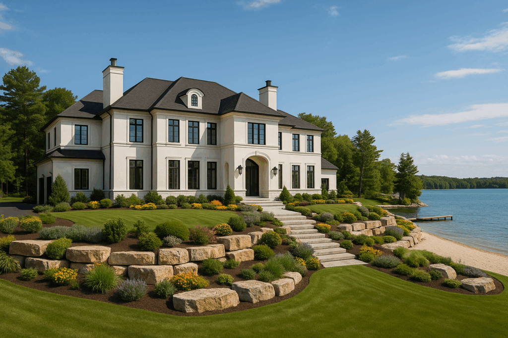 Luxury white estate home with lake in background, private dock, beach, and expansive Armour Stone landscaping—built by ConstructionX, custom home builders in Simcoe County.