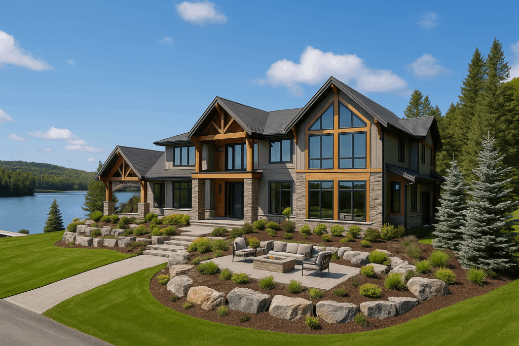 Chalet-style winery estate with modern materials, tiered landscaping, distant lake views, and blue spruce privacy trees—built by ConstructionX, custom home builders in Simcoe County.