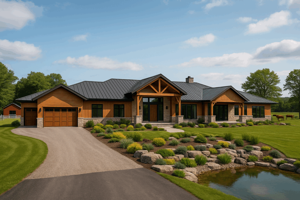 Expansive modern ranch-style home with earth-tone cladding, large windows, long private driveway, and horse barn with grazing horses—built by ConstructionX, custom home builders in Simcoe County.