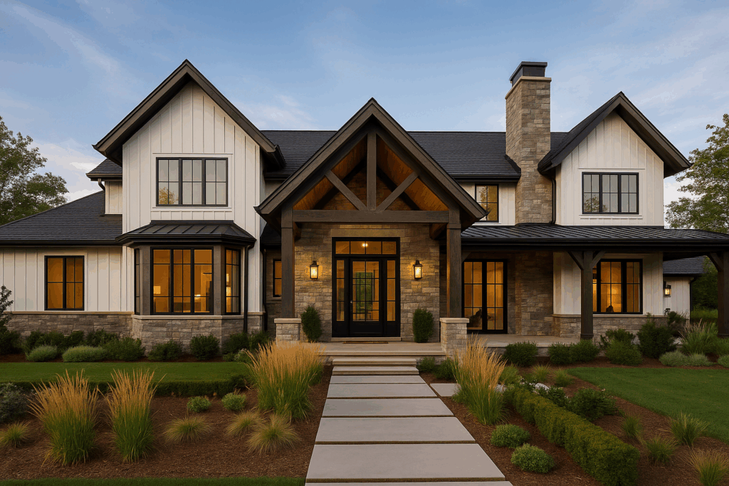 Custom home built by expert custom home builders in Simcoe County, featuring luxury exterior design with stone and board-and-batten siding