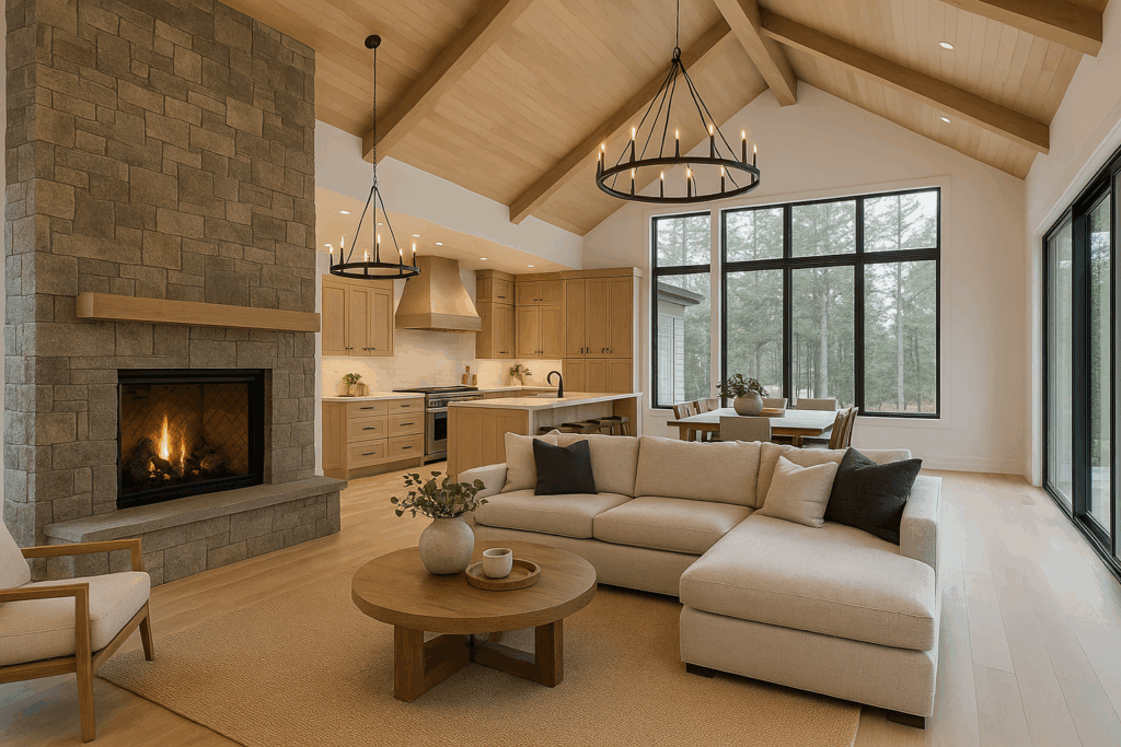Open-concept living room and kitchen designed by custom home builders in Simcoe County, featuring vaulted ceilings, stone fireplace, and premium finishes