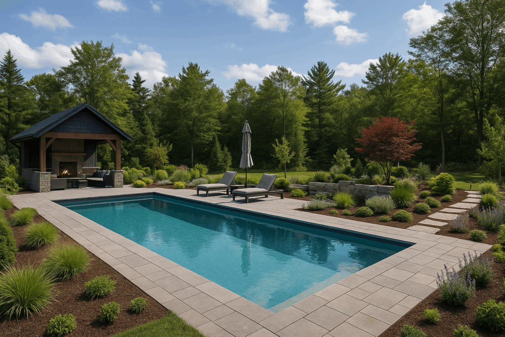 Luxury landscape design with pool in Simcoe County by custom home builders, showcasing modern stone hardscaping and lush gardens
