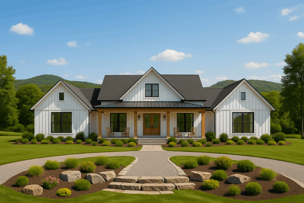 Custom farmhouse-style home in Hastings with white board-and-batten siding, symmetrical gables, natural wood accents, and Trent Hills landscape in background