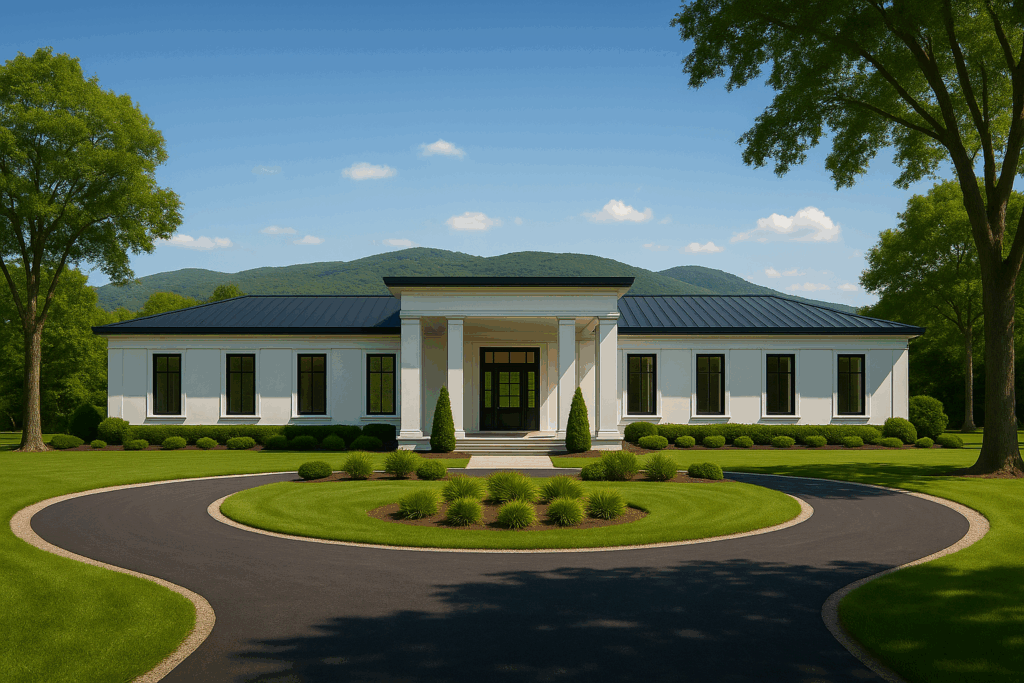 Modern Colonial-style home with white exterior, large black windows, circular driveway, columned drive-through entrance, and Trent Hills in the background