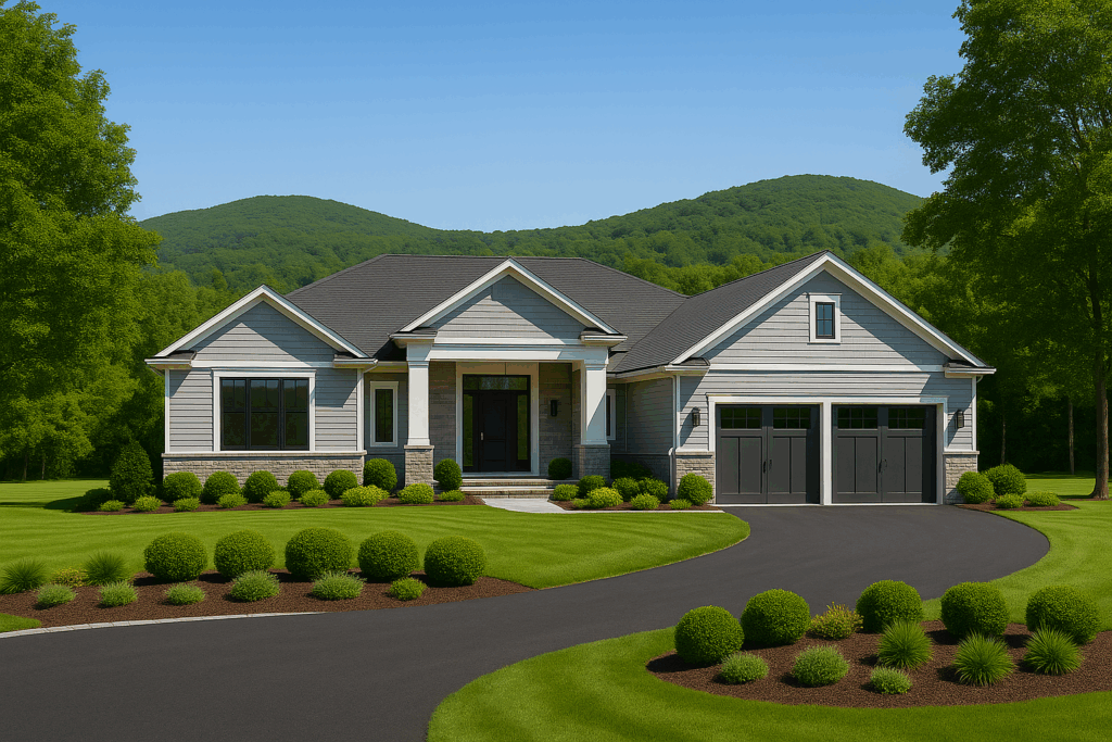 Hamptons-style custom home in Hastings with grey siding, stone accents, two-car garage, manicured landscaping, and Trent Hills in the background