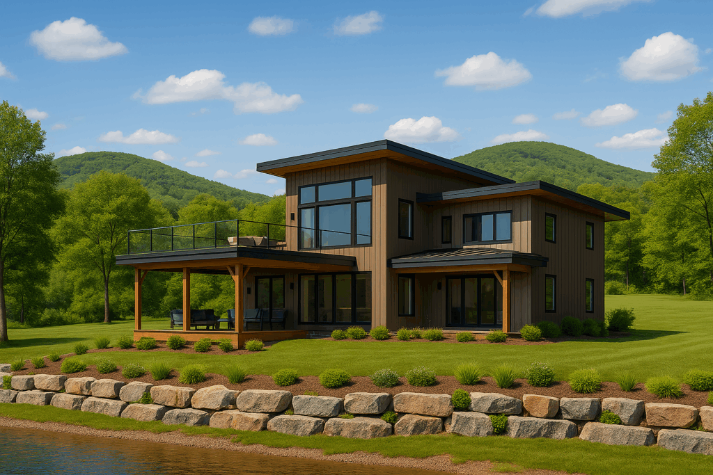 Modern riverside cottage in Hastings with earth-tone siding, single-slope roof, wraparound deck, rooftop patio, timber accents, and Trent Hills in background