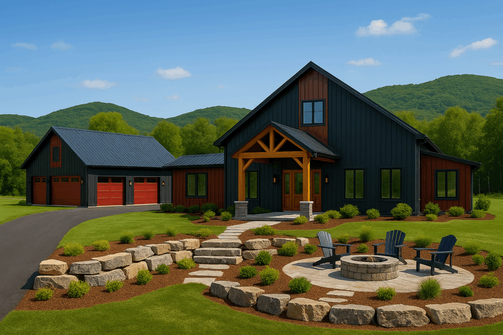 Modern barndominium in Hastings with black and red siding, timber entry, fire pit, three-car garage, driveway, armour stone landscaping, and Trent Hills backdrop