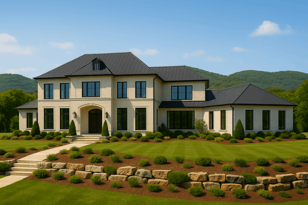 L-shaped luxury Colonial home in Hastings with tall black windows, off-white brick exterior, manicured landscaping, and Trent Hills backdrop