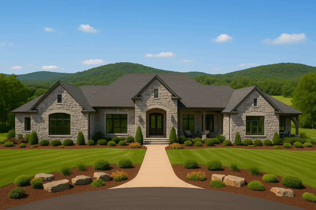 Luxury stone ranch home in Hastings with tall roofline, grey stone exterior, circular driveway, manicured landscaping, and the Trent Hills in the background