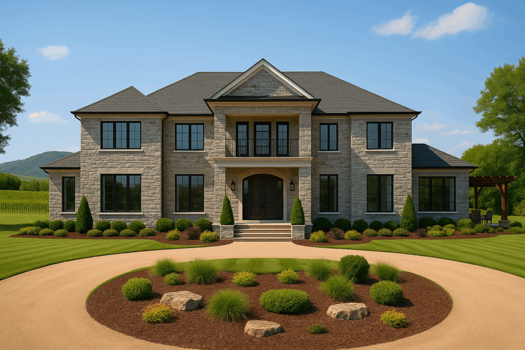 Modern Colonial-style home in Prince Edward County with full stone exterior, symmetrical two-story design, balcony over entry, and tall black-framed windows
