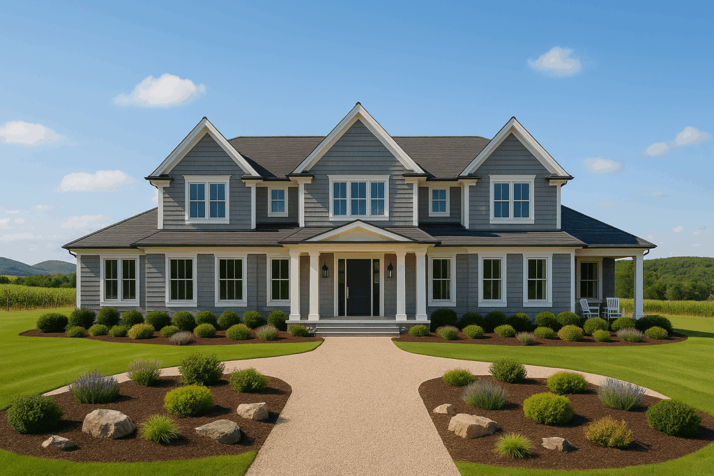 Hamptons-style home in Prince Edward County with symmetrical facade, grey siding, traditional detailing, large windows, and sunlit countryside surroundings