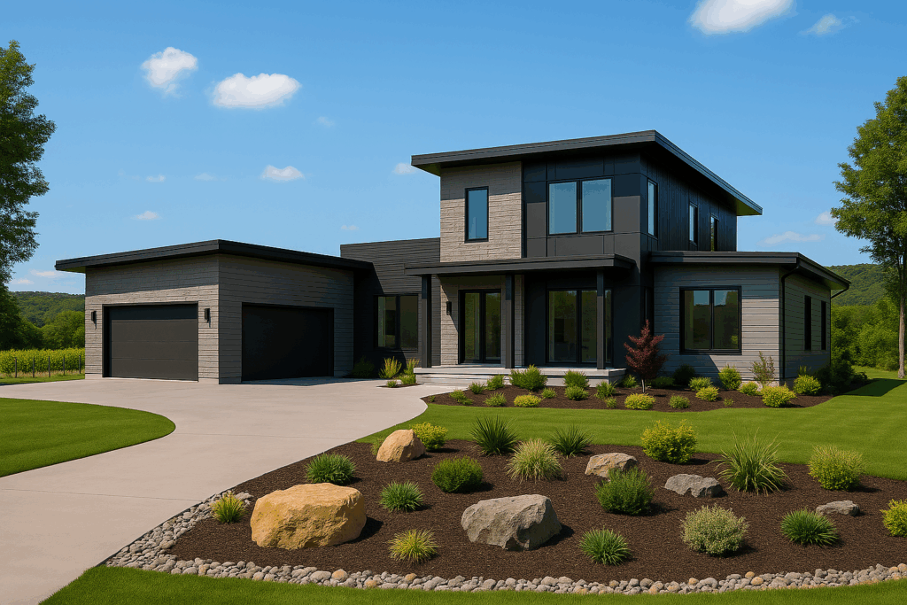 Modern rural home in Prince Edward County with black and grey exterior, two stories, flat roofline, two-car garage, and California-inspired landscaping