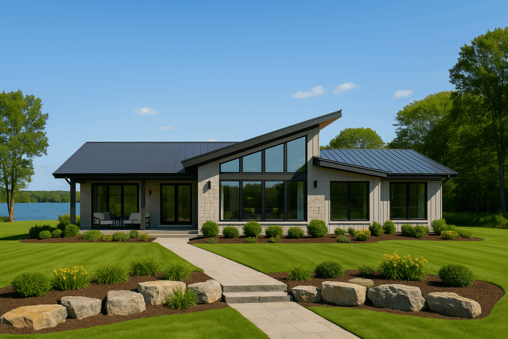 Contemporary cottage in Prince Edward County with large windows, single-slope roof, bright exterior, black details, lake setback, and professionally landscaped yard
