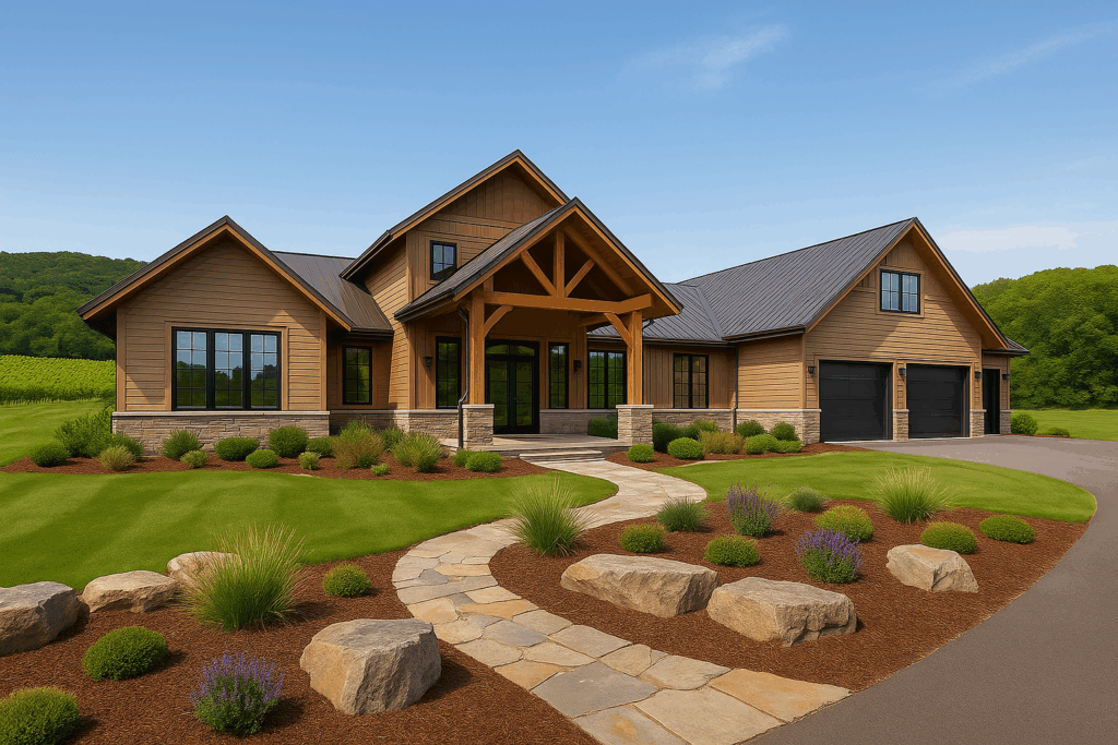 Contemporary barndominium in Prince Edward County with earth-tone siding, timber detailing, two-story layout, and wide-angle view on a sunny summer day