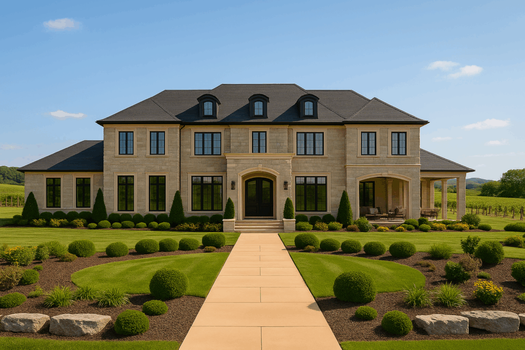 Luxury estate in Prince Edward County with stucco and stone exterior, symmetrical two-story design, professional landscaping, and vineyard in the background