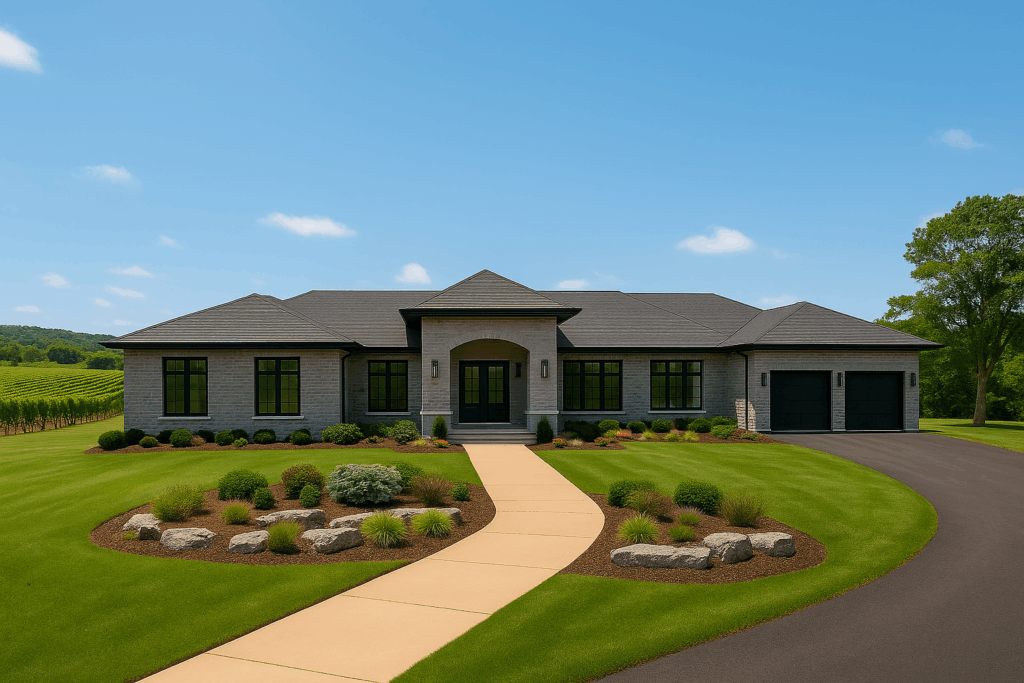 Luxury ranch-style home in Prince Edward County with stone exterior, sprawling single-level layout, vineyard views, and modern rural landscaping