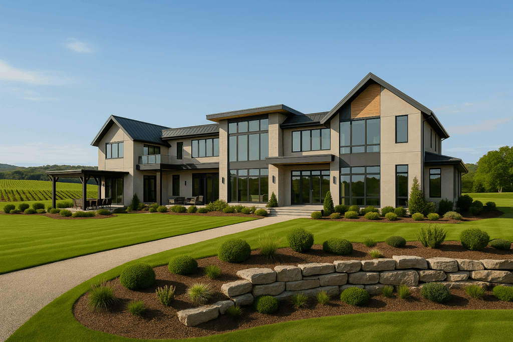Contemporary luxury home in Prince Edward County with flat rooflines, large windows, stone and stucco exterior, vineyard views, and upscale landscaping