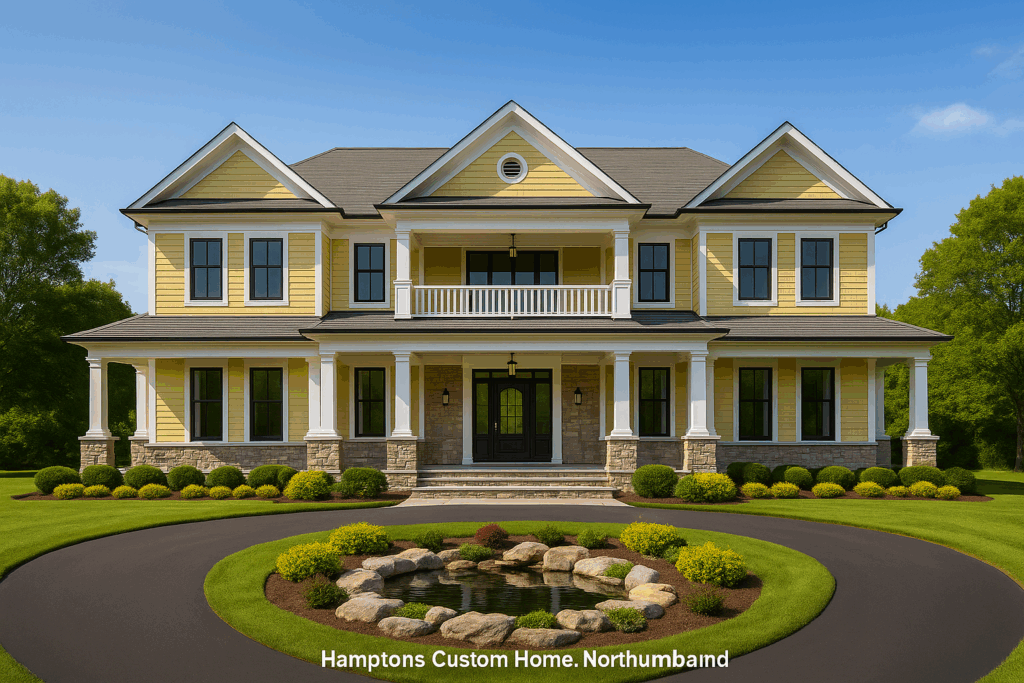 Hamptons-style custom home in Northumberland by ConstructionX with stone and yellow siding