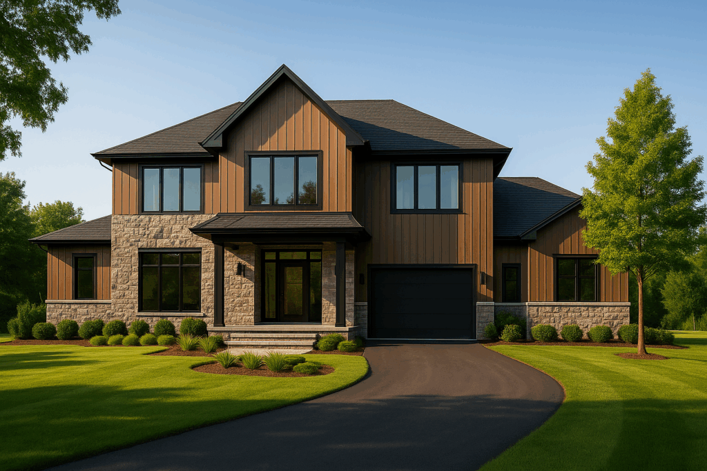 Custom rural modern home in Cobourg by ConstructionX with stone and steel siding