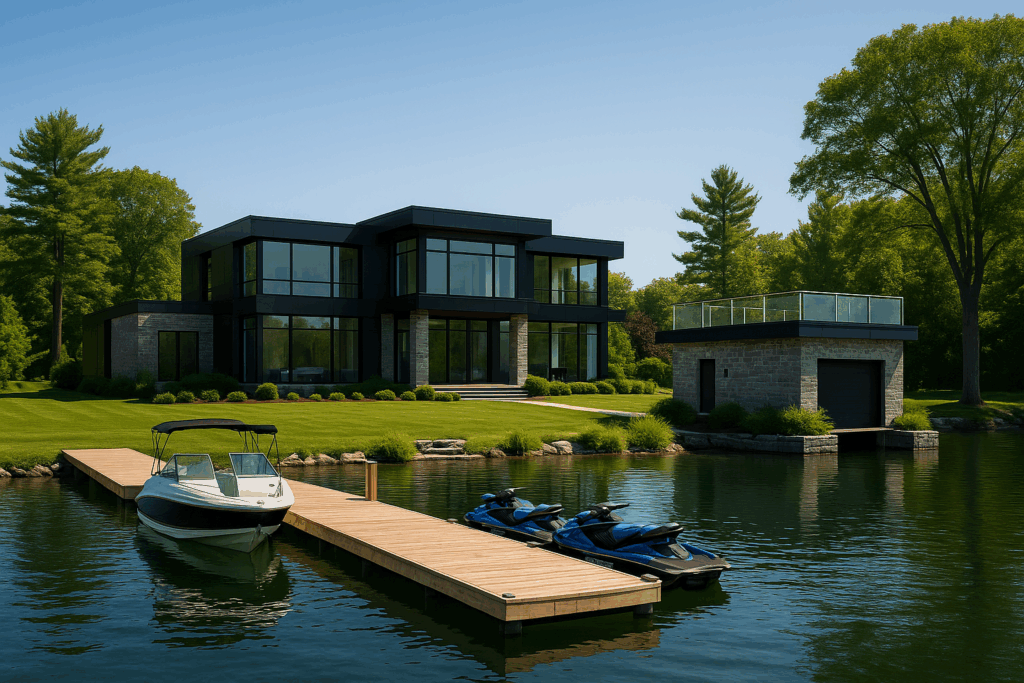 Contemporary cottage in Northumberland by ConstructionX with rooftop boathouse and dock