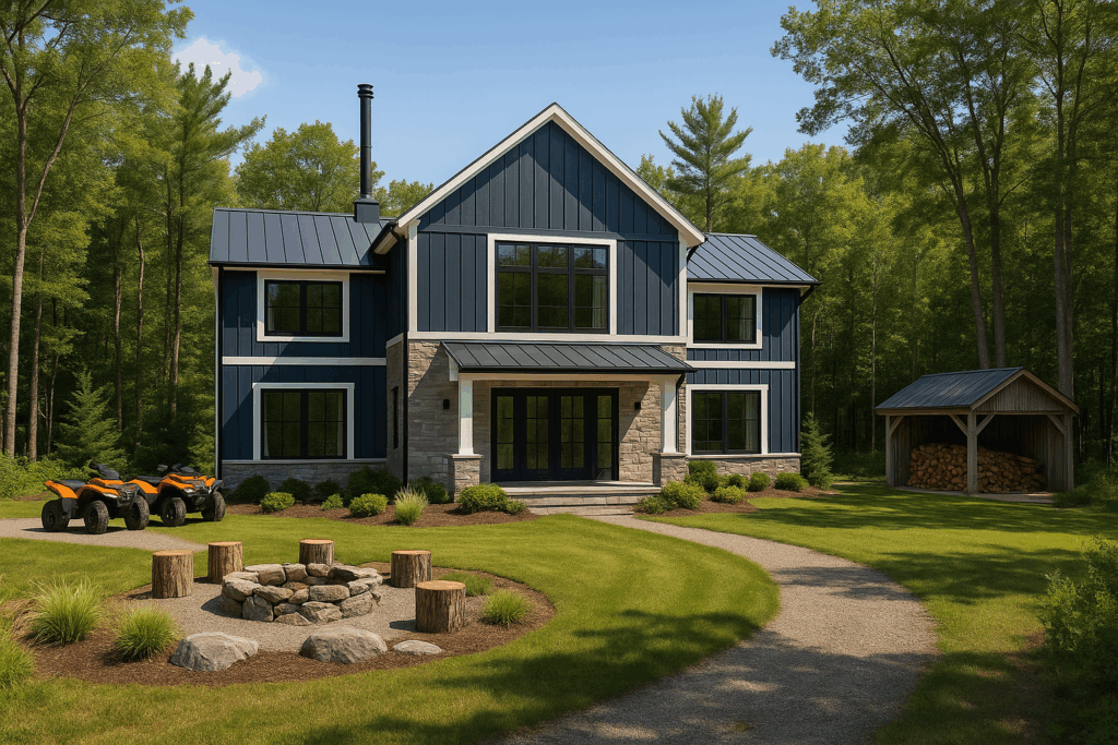 Barndominium-style home in Northumberland by ConstructionX with fire pit and forest setting