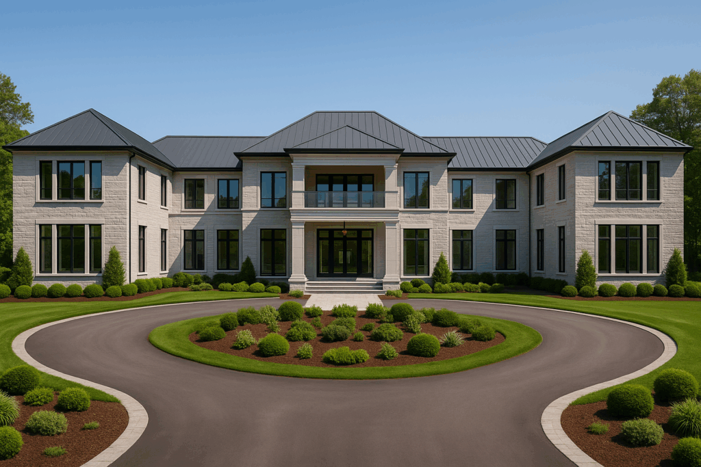 Grand luxury estate home in Northumberland by ConstructionX with light stone exterior and circular driveway
