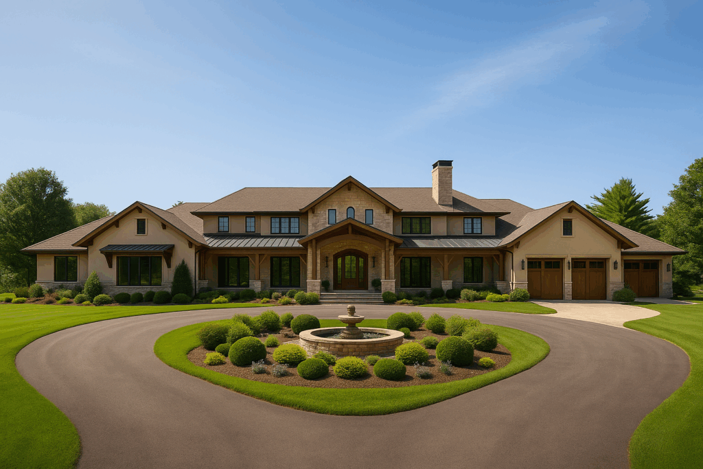 Luxury ranch-style estate home in Northumberland by ConstructionX with circular driveway and fountain