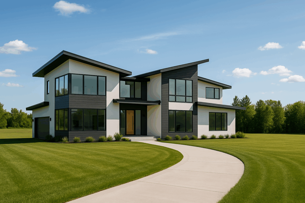 Contemporary two-story residence with single-slope roofs and expansive windows, representing custom home building by ConstructionX on a private estate