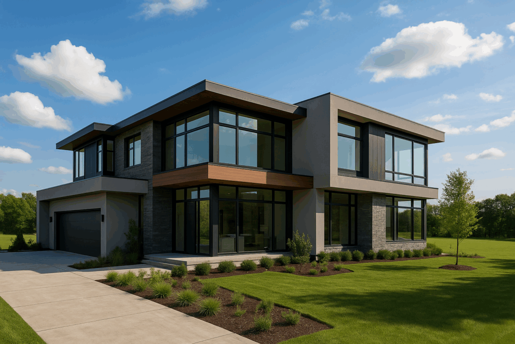 Modern two-story residence with expansive windows, flat rooflines, and high-end landscaping on a large lot, representing custom home building by ConstructionX