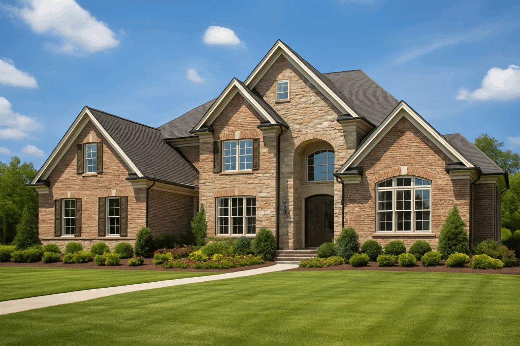 Traditional custom home with modern brick and stone exterior, elegant rooflines, and professional landscaping, showcasing custom home building by ConstructionX