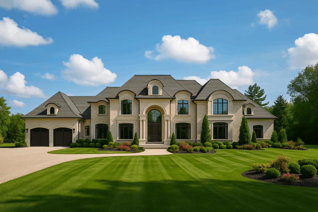 Luxury custom home with grand architectural facade, large windows, and manicured landscaping on a sunny estate lot, representing custom home building by ConstructionX