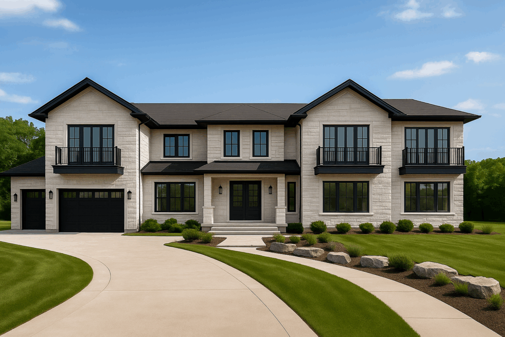 Large multi-generational custom home with symmetrical façade, private garage suite, and wide driveway on a landscaped rural property, built by ConstructionX for custom home building in Ontario
