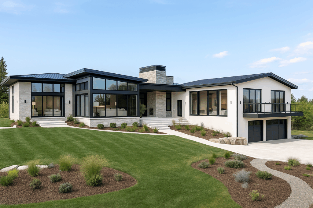 Modern custom steel structure home with expansive glazing, flat rooflines, and clean architectural lines, built by ConstructionX for custom home building in Ontario