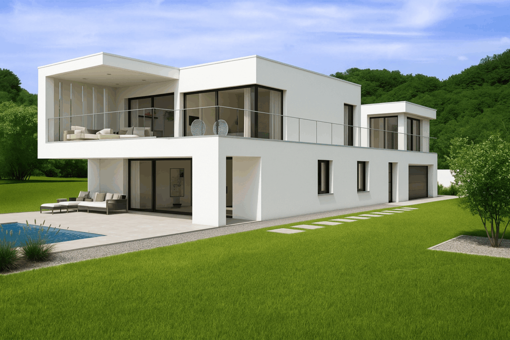 Modern two-story ICF custom home with flat roof and minimalist architecture, surrounded by natural landscape, representing custom home building by ConstructionX