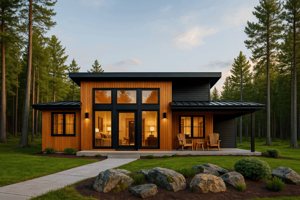 Modern bunkhouse-style accessory dwelling unit surrounded by forest and stone landscaping, designed for rural custom home building by ConstructionX