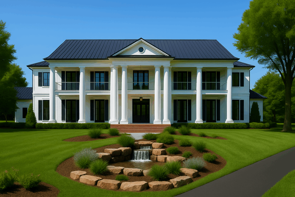 Modern colonial custom home with standing seam roof, symmetrical architecture, glass balcony railings, and armour stone landscaping, built by ConstructionX for custom home building in Ontario