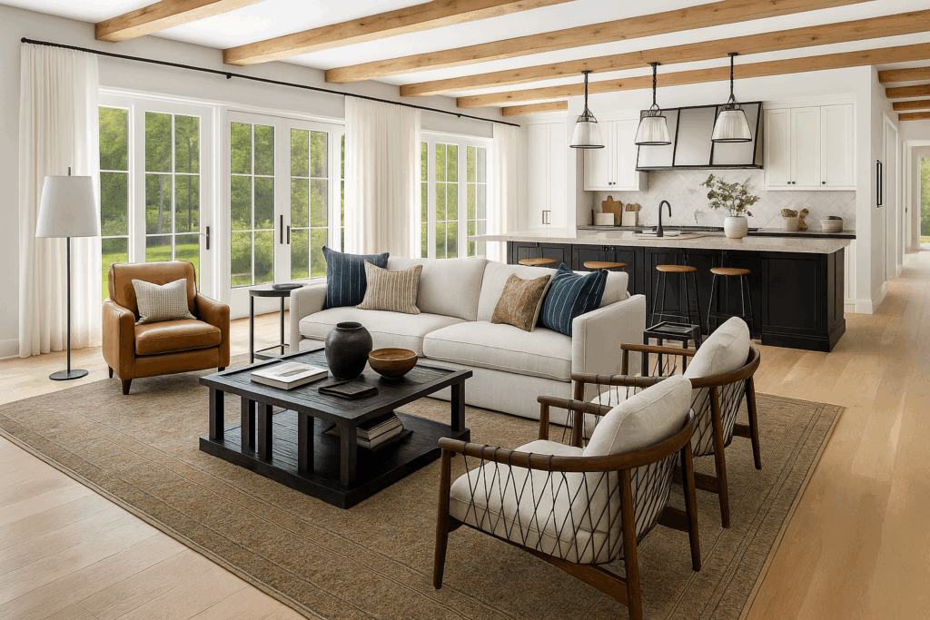 Open-concept living room and kitchen featuring warm textures, exposed wood beams, and luxury finishes—showcasing interior design services by ConstructionX in custom home building